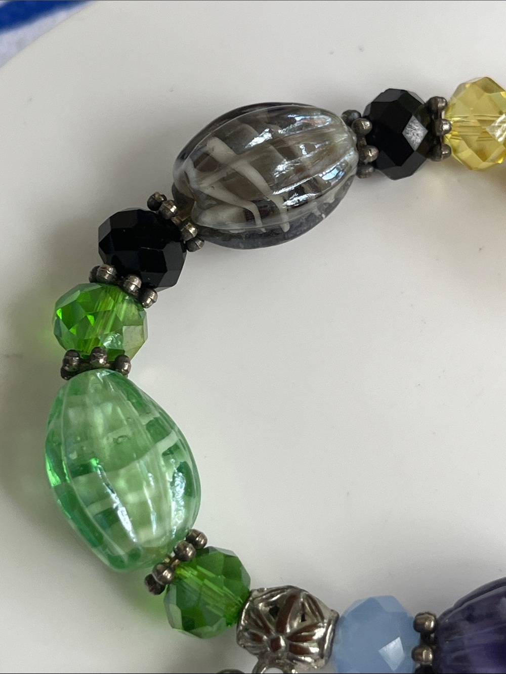 Handmade Glass Bead Bracelet in Green, Yellow & Gray - Picture 9 of 10